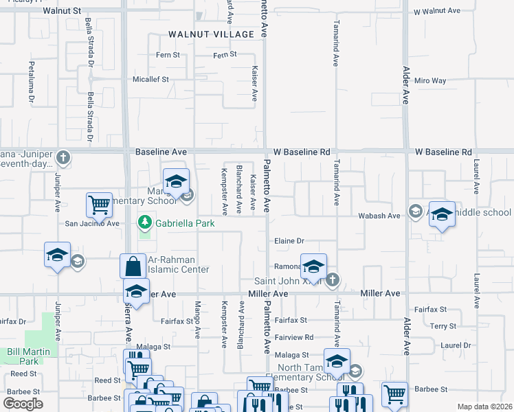 map of restaurants, bars, coffee shops, grocery stores, and more near 7420 Palmetto Avenue in Fontana