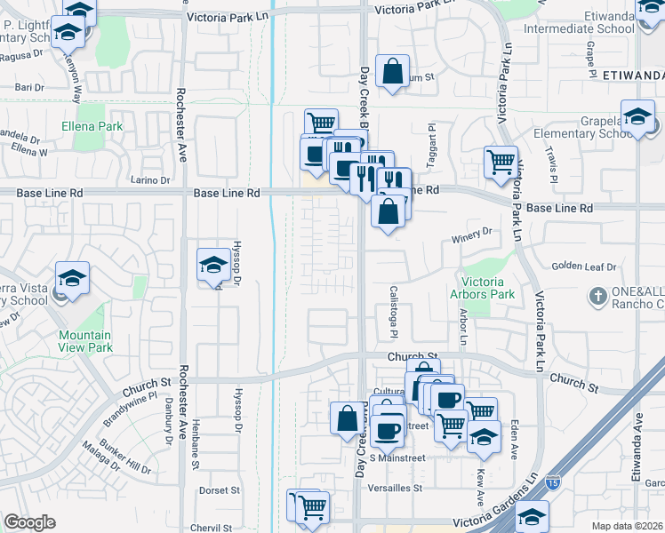 map of restaurants, bars, coffee shops, grocery stores, and more near 7421 Solstice Place in Rancho Cucamonga