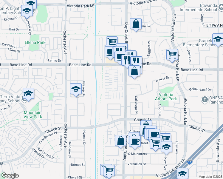 map of restaurants, bars, coffee shops, grocery stores, and more near 7421 Solstice Place in Rancho Cucamonga