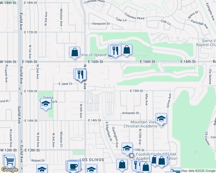 map of restaurants, bars, coffee shops, grocery stores, and more near 1571 North Himalayas Circle in Upland