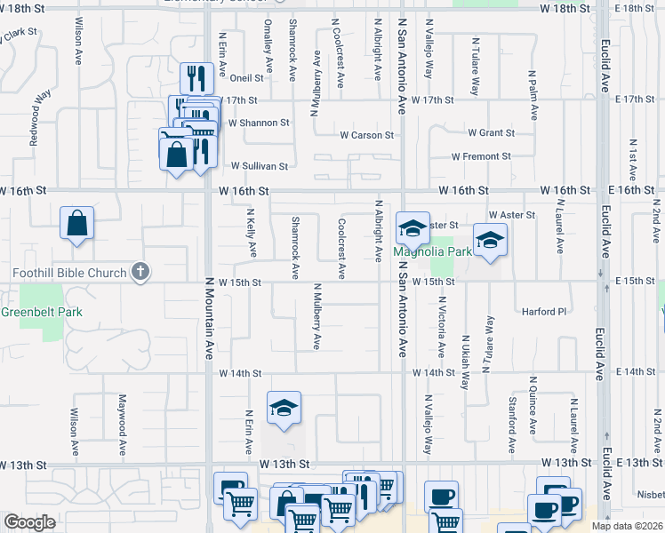 map of restaurants, bars, coffee shops, grocery stores, and more near 947 West Coronado Street in Upland