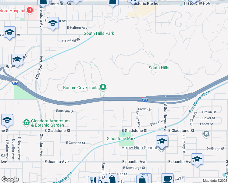 map of restaurants, bars, coffee shops, grocery stores, and more near 1201-1265 Bonnie Cove Avenue in Glendora