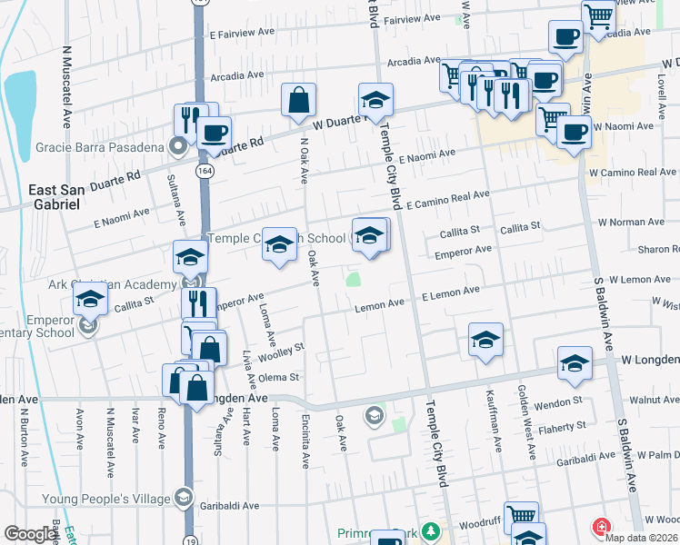 map of restaurants, bars, coffee shops, grocery stores, and more near 9434 Emperor Avenue in Temple City