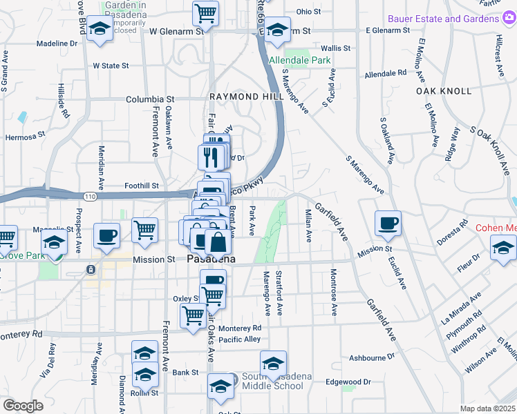 map of restaurants, bars, coffee shops, grocery stores, and more near 1730 Grevelia Street in South Pasadena