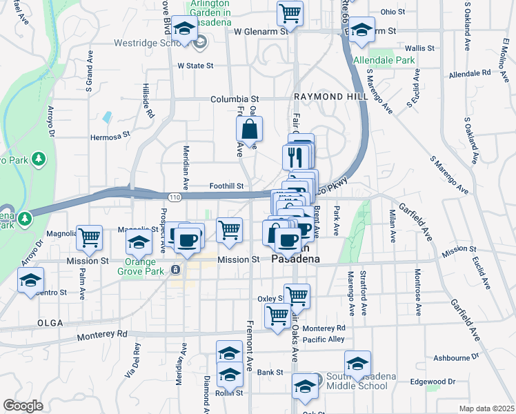 map of restaurants, bars, coffee shops, grocery stores, and more near 603 Mound Avenue in South Pasadena