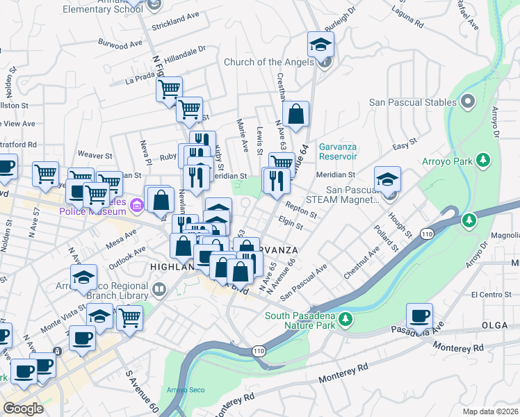 map of restaurants, bars, coffee shops, grocery stores, and more near 6240 Meridian Street in Los Angeles