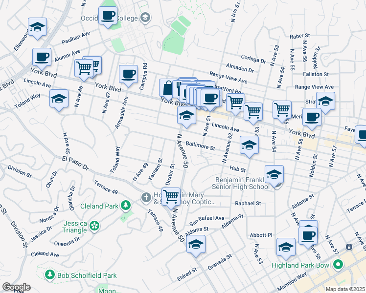 map of restaurants, bars, coffee shops, grocery stores, and more near 4953 Baltimore Street in Los Angeles