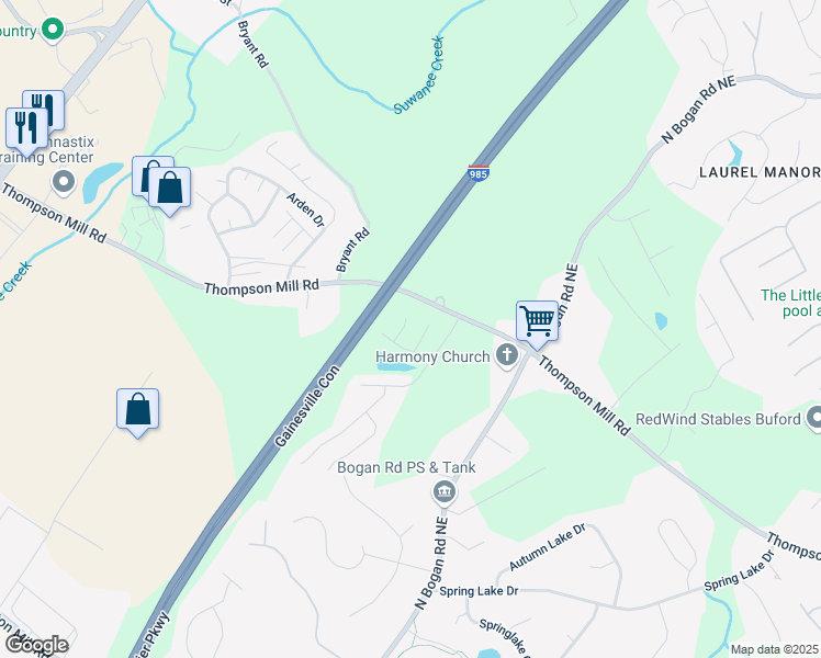 map of restaurants, bars, coffee shops, grocery stores, and more near 2935 Wardlaw Lane in Buford