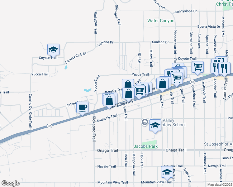 map of restaurants, bars, coffee shops, grocery stores, and more near Benicia Trail in Yucca Valley