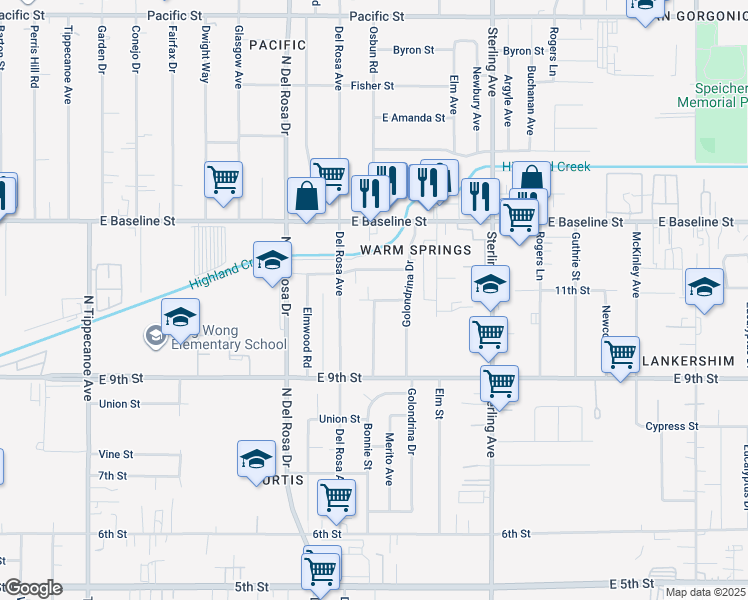 map of restaurants, bars, coffee shops, grocery stores, and more near Flamingo Road in San Bernardino