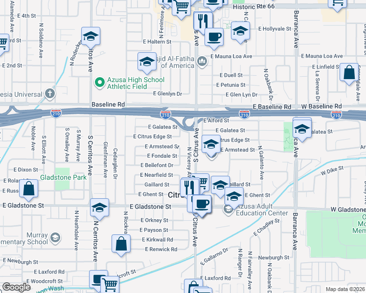 map of restaurants, bars, coffee shops, grocery stores, and more near 18457 East Armstead Street in Azusa