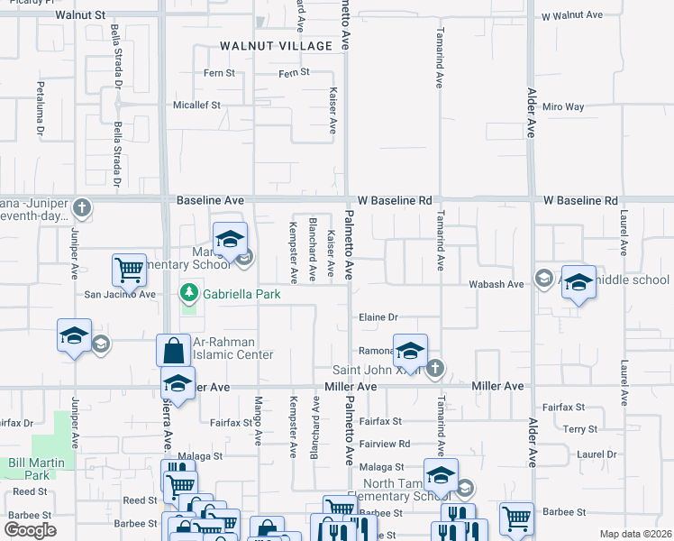 map of restaurants, bars, coffee shops, grocery stores, and more near 7420 Palmetto Avenue in Fontana