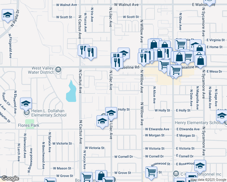 map of restaurants, bars, coffee shops, grocery stores, and more near 1043 North Lilac Avenue in Rialto