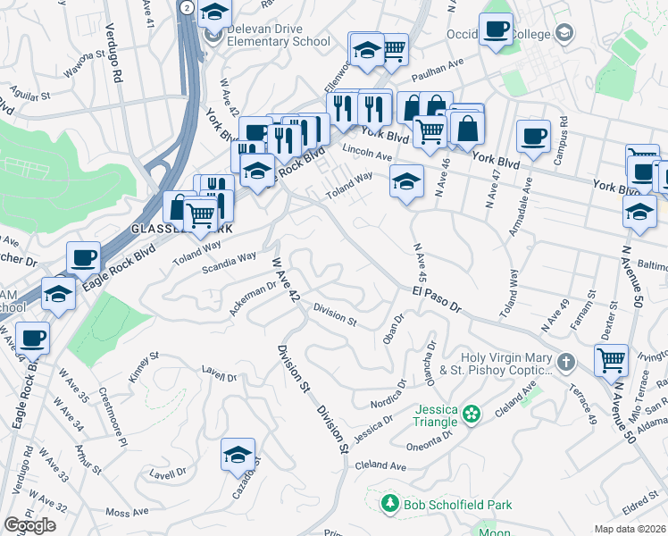 map of restaurants, bars, coffee shops, grocery stores, and more near 3535 Verdugo Vista Terrace in Los Angeles