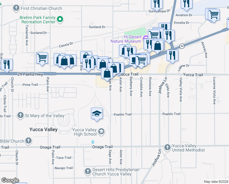 map of restaurants, bars, coffee shops, grocery stores, and more near 7395 Sage Avenue in Yucca Valley