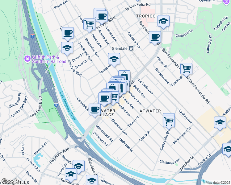 map of restaurants, bars, coffee shops, grocery stores, and more near 3615 Edenhurst Avenue in Los Angeles