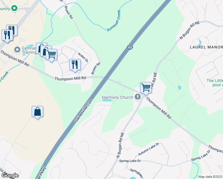 map of restaurants, bars, coffee shops, grocery stores, and more near 2935 Wardlaw Lane in Buford