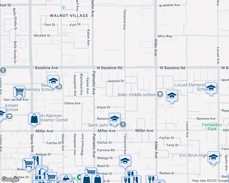 map of restaurants, bars, coffee shops, grocery stores, and more near 7445 Encina Avenue in Fontana