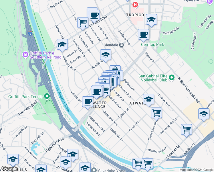 map of restaurants, bars, coffee shops, grocery stores, and more near 3615 Edenhurst Avenue in Los Angeles