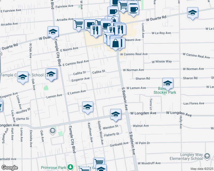 map of restaurants, bars, coffee shops, grocery stores, and more near 9861 East Lemon Avenue in Arcadia