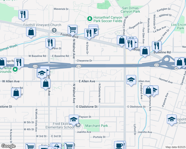map of restaurants, bars, coffee shops, grocery stores, and more near 944 Auburn Road in San Dimas