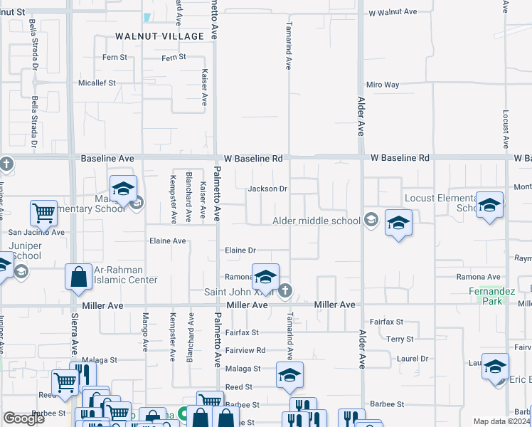 map of restaurants, bars, coffee shops, grocery stores, and more near 7445 Encina Avenue in Fontana