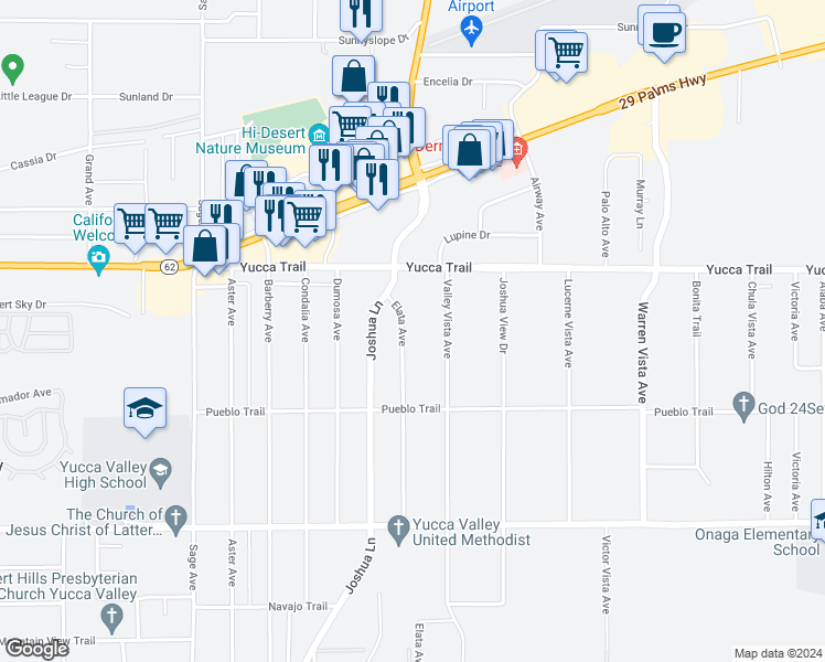 map of restaurants, bars, coffee shops, grocery stores, and more near 7399 Elata Avenue in Yucca Valley