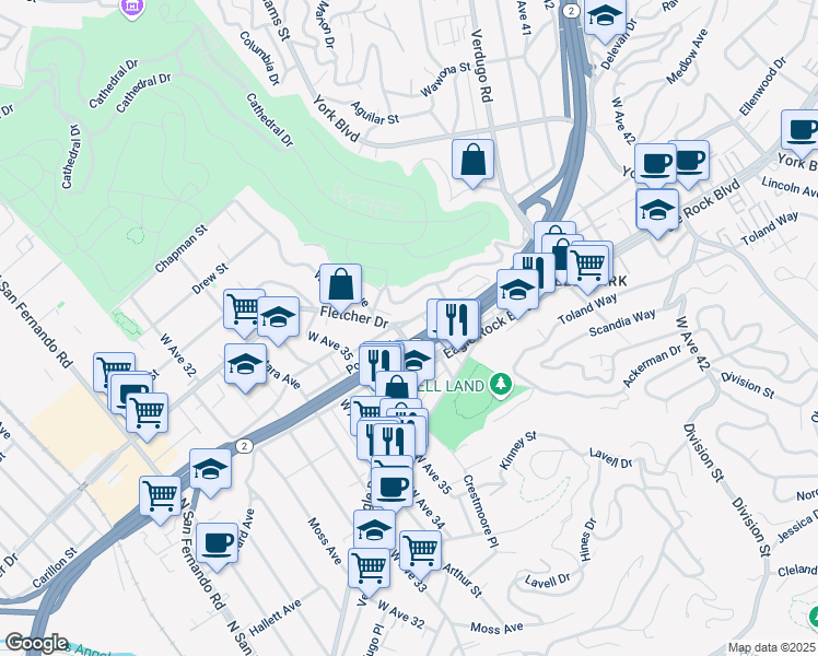 map of restaurants, bars, coffee shops, grocery stores, and more near 3600 Fletcher Drive in Los Angeles