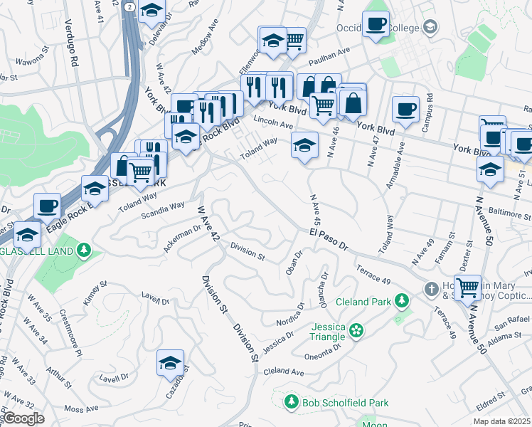 map of restaurants, bars, coffee shops, grocery stores, and more near 4269 Barryknoll Drive in Los Angeles