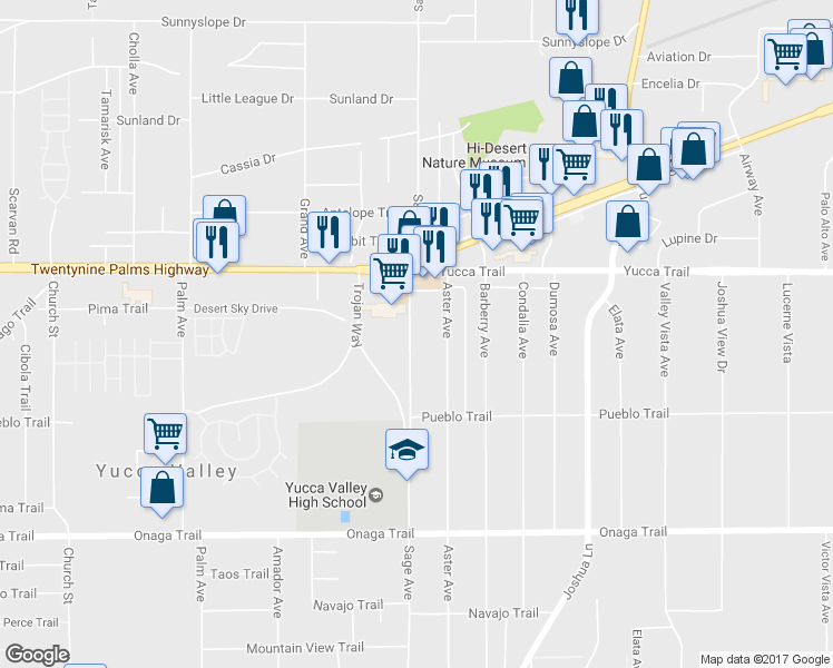 map of restaurants, bars, coffee shops, grocery stores, and more near 7395 Sage Avenue in Yucca Valley