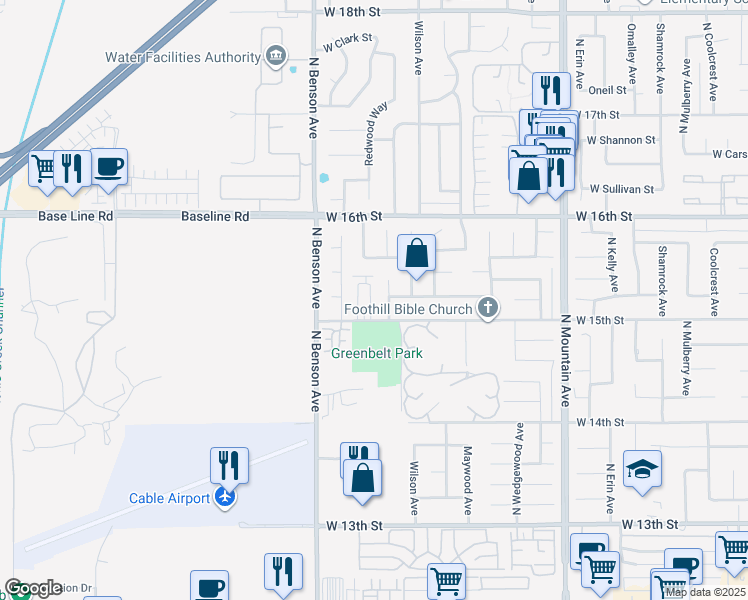 map of restaurants, bars, coffee shops, grocery stores, and more near 1520 Cantabria Place in Upland