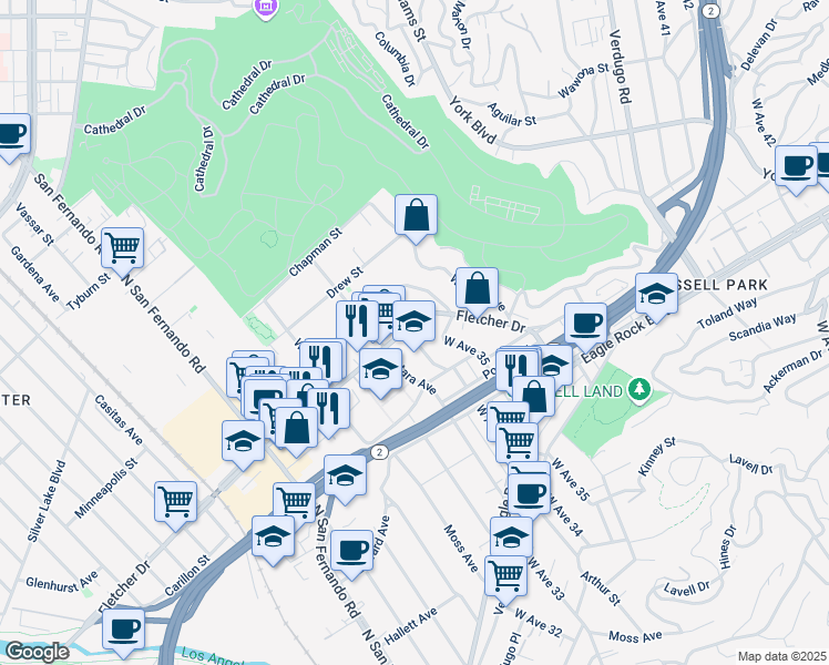 map of restaurants, bars, coffee shops, grocery stores, and more near 3405 1/2 Fletcher Drive in Los Angeles