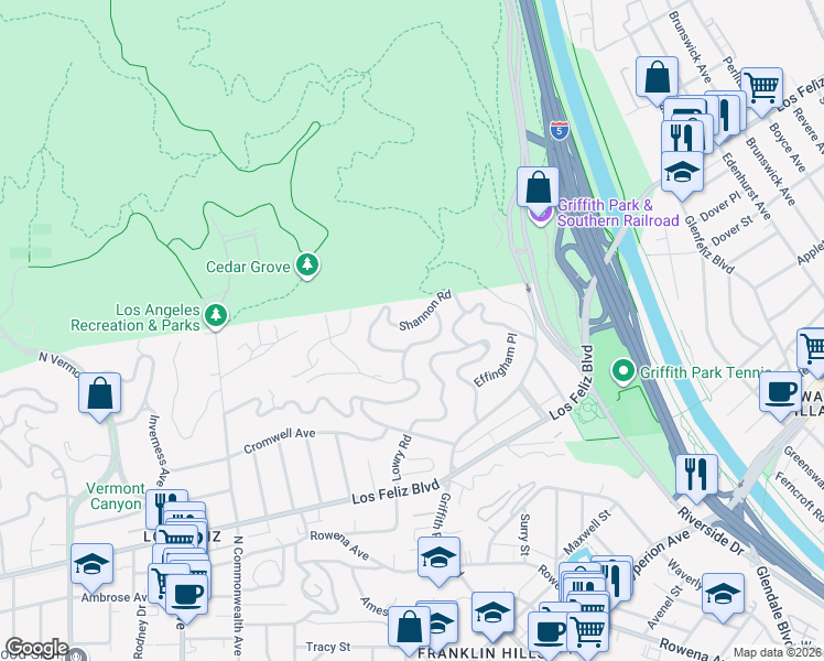 map of restaurants, bars, coffee shops, grocery stores, and more near 3832 Shannon Road in Los Angeles