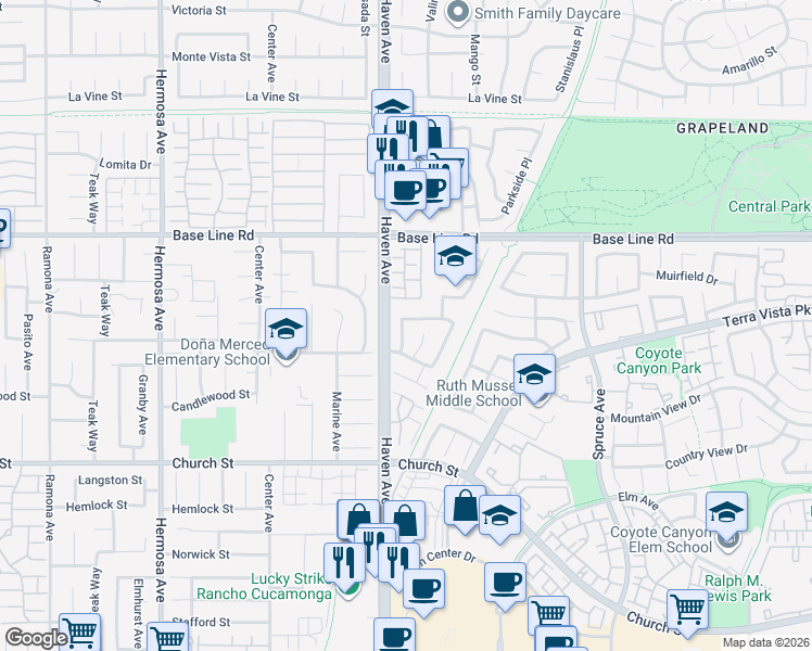 map of restaurants, bars, coffee shops, grocery stores, and more near 10558 Sunburst Drive in Rancho Cucamonga