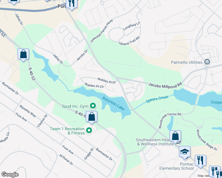 map of restaurants, bars, coffee shops, grocery stores, and more near 9 Walden Place Court in Elgin