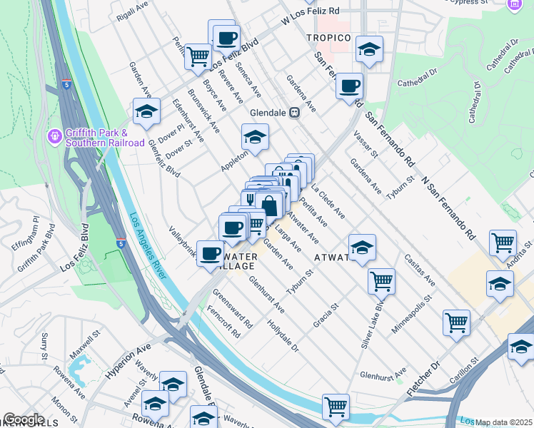 map of restaurants, bars, coffee shops, grocery stores, and more near in Los Angeles