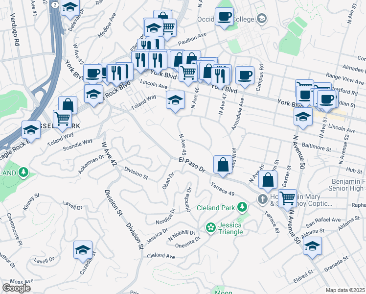 map of restaurants, bars, coffee shops, grocery stores, and more near 4480 Mont Eagle Place in Los Angeles