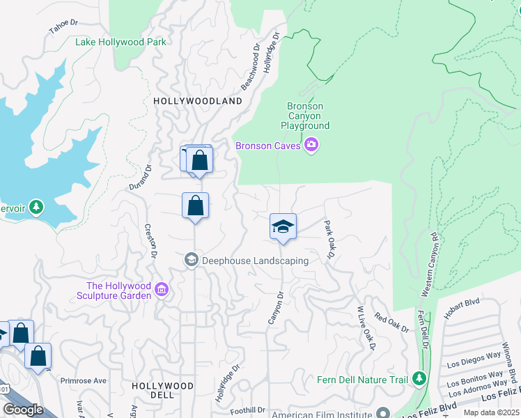 map of restaurants, bars, coffee shops, grocery stores, and more near 2613 Bronholly Drive in Los Angeles