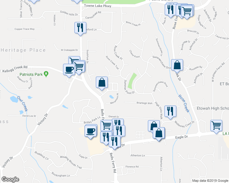 map of restaurants, bars, coffee shops, grocery stores, and more near 180 Mirramont Lake Drive in Woodstock