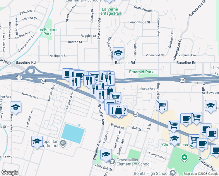 map of restaurants, bars, coffee shops, grocery stores, and more near 1457 Foothill Boulevard in La Verne