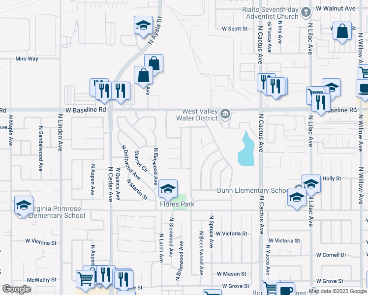 map of restaurants, bars, coffee shops, grocery stores, and more near 1053 North Brierwood Avenue in Rialto