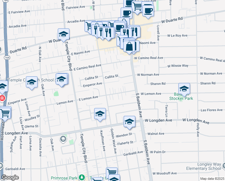 map of restaurants, bars, coffee shops, grocery stores, and more near 9829 East Lemon Avenue in Arcadia