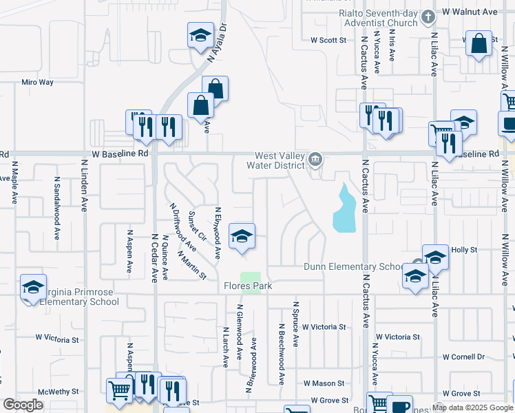 map of restaurants, bars, coffee shops, grocery stores, and more near 1053 North Brierwood Avenue in Rialto