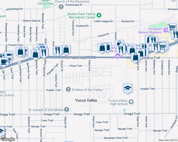 map of restaurants, bars, coffee shops, grocery stores, and more near 7416 Palm Avenue in Yucca Valley
