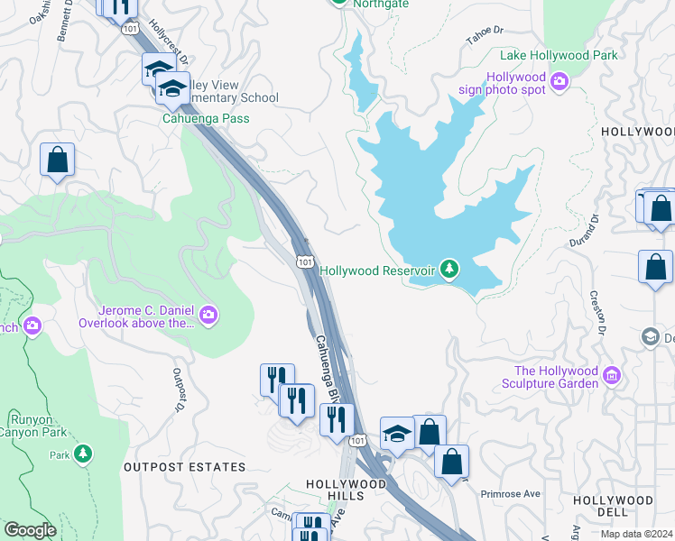 map of restaurants, bars, coffee shops, grocery stores, and more near 2700 Cahuenga Boulevard in Los Angeles