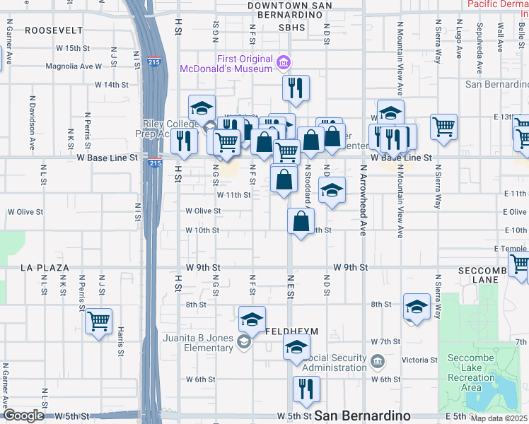 map of restaurants, bars, coffee shops, grocery stores, and more near 1072 Acacia Avenue in San Bernardino