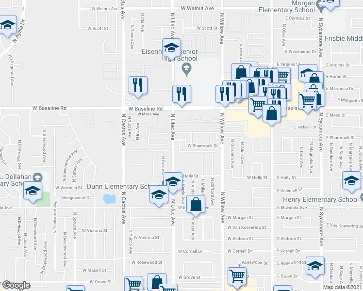 map of restaurants, bars, coffee shops, grocery stores, and more near 1073 North Verde Avenue in Rialto