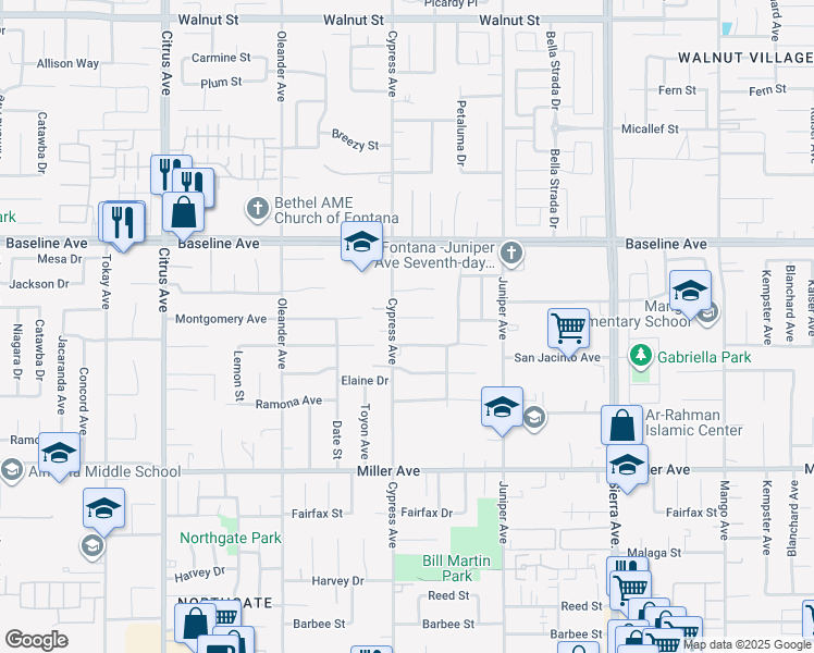 map of restaurants, bars, coffee shops, grocery stores, and more near 16512 Montgomery Court in Fontana