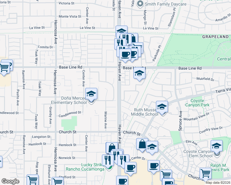 map of restaurants, bars, coffee shops, grocery stores, and more near 7431 Mesada Street in Rancho Cucamonga