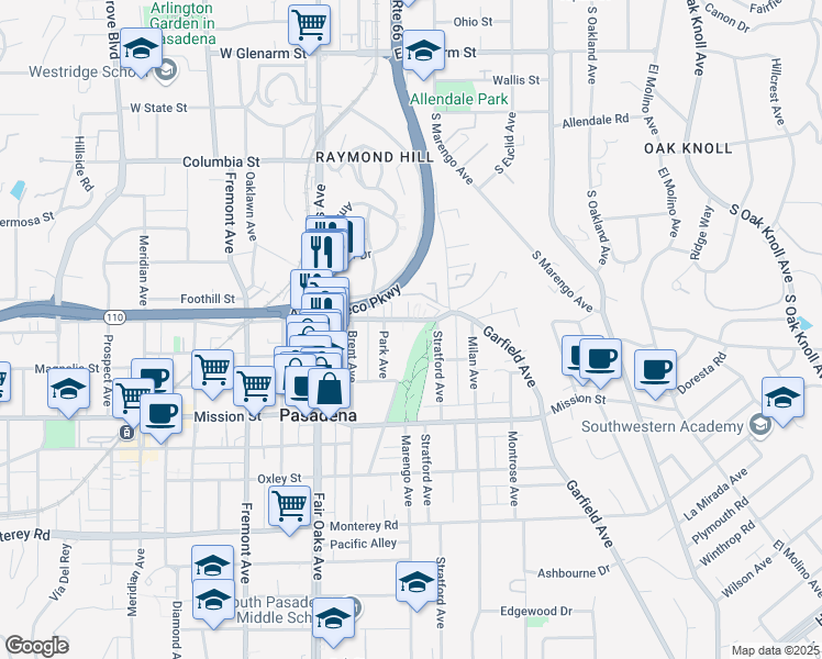 map of restaurants, bars, coffee shops, grocery stores, and more near 1806 Grevelia Street in South Pasadena